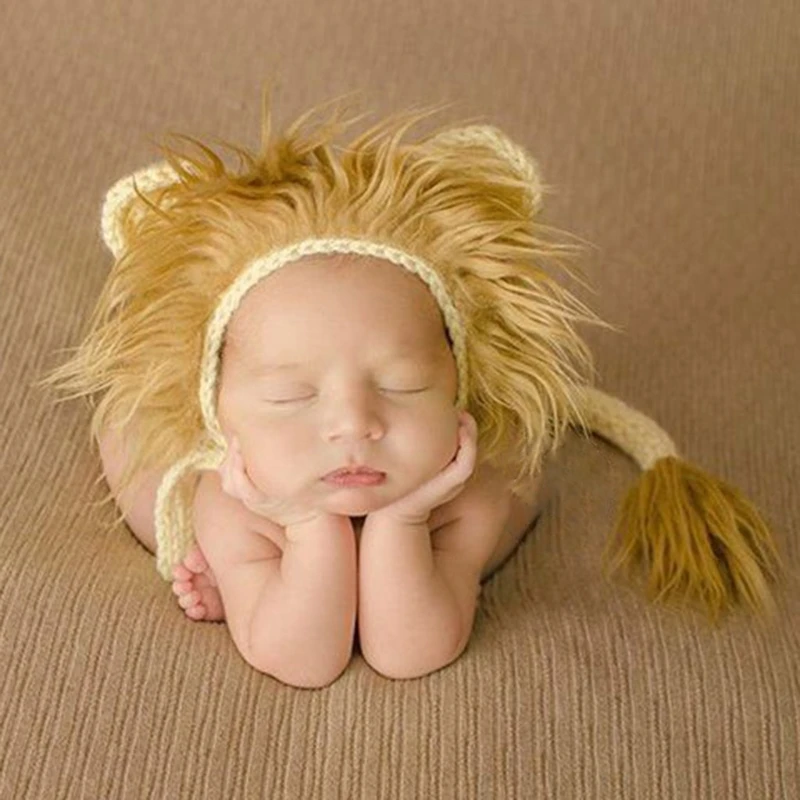 

2 Pcs Baby Props Lion Hat Tail Set Newborn Photography Costumes Knitted Outfits 97BC
