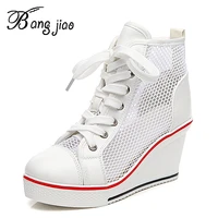 2021 wedges mesh high heels 8 cm sandals increased women casual sneakers high top laces women mesh hollow out shoes summer