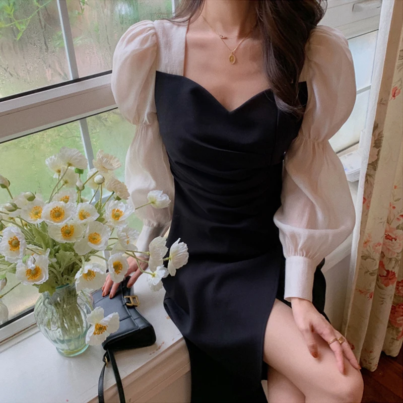 

Vintage French Elegant Midi Dresses for Women Square Collor Puffer Sleeve Female Sweet Party One Piece Dress Korean Autumn 2021