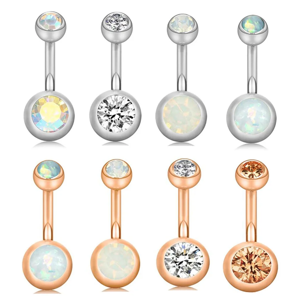 

Opal Double Zircon Stones Belly Button Ring Clear Body Jewelry Ball Navel Bar Piercing Jewelry Ombligo Pircing 5/8mm