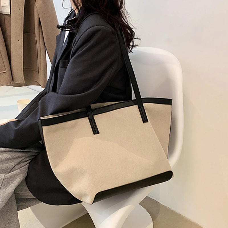 

Women Girls Large Capacity Canvas Tote Bag Japanese Style Vintage Casual Simple Solid Color Business Shoulder Handbag