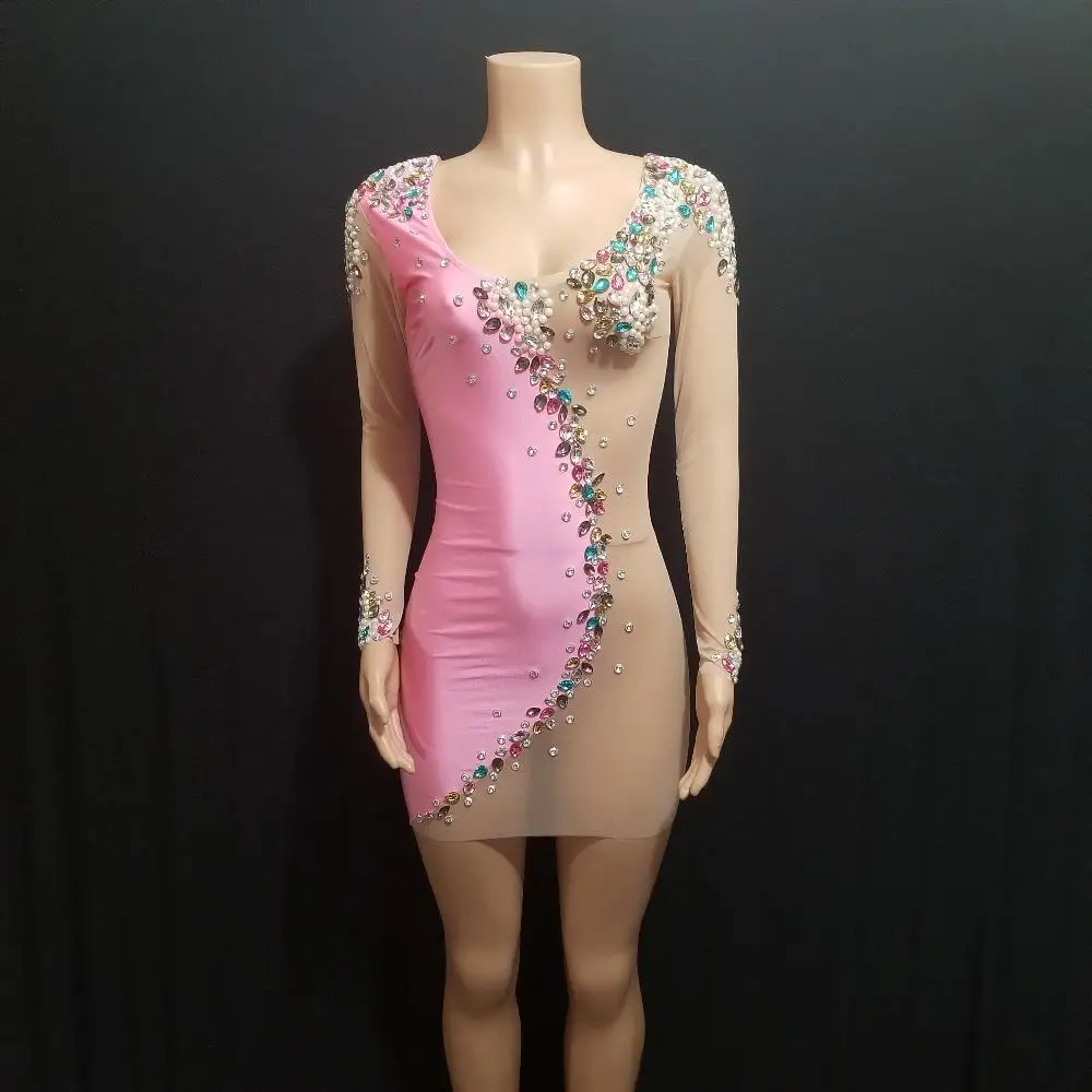 

Sexy See Through Dance Costume Pink Nude Stones Pearls Dress Bling Stage Dancewear Shining Rhinestone Party Outfit