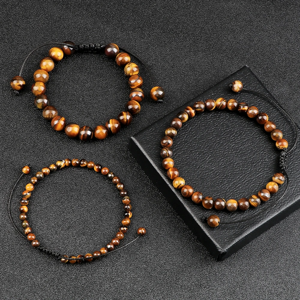 Natural Tiger Eye Stone Bracelet 4 6 8mm Round Beads Braided String Bracelets & Bangles Handmade Adjustable Yoga Wrist Jewelry
