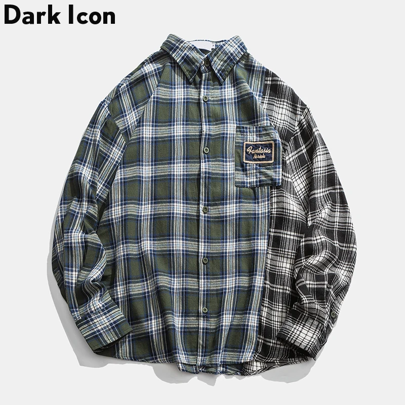 Plaid Patchwork Oversized Shirts Front Pocket Women Hip Hop Long Sleeve Women’s Yellow/Green |