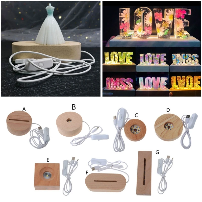 

Wood LED Display Base Resin Art Ornament Wooden Night Lighted Base Stand Crafts K9FA