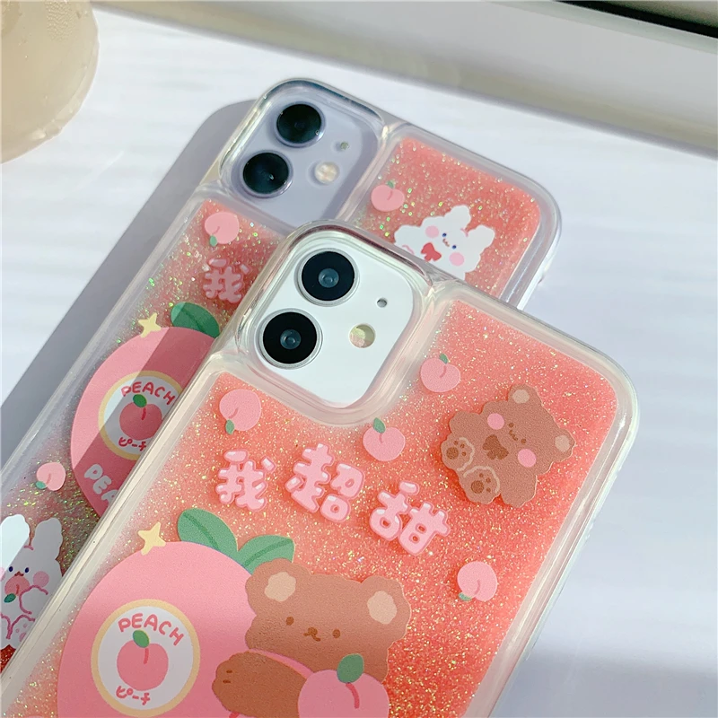 Animal Peach Glitter Quicksand Phone Case For iPhone 11 12 Pro Max XR X XS Max 6 6s 7 8 Plus SE 2020 Phone Cover Accessories