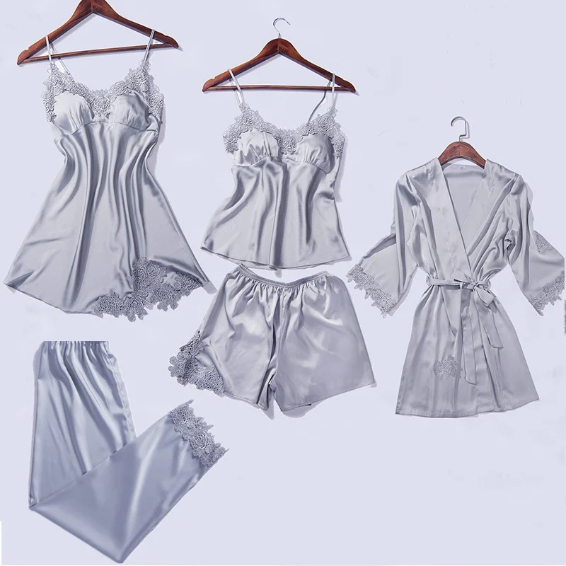 Сексуальная пижама кимоно халат 5 шт. женский топ на бретелях брюки костюм