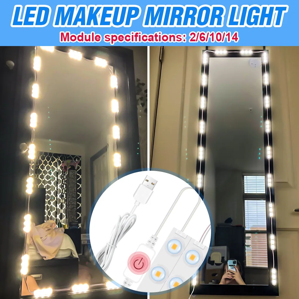 

Vanity Table Mirror Light DC 5V Beauty 2 6 10 14 Modules USB Kit Bedroom Bedside Lamp Cosmetic Lights LED Dimmable Makeup Lamp