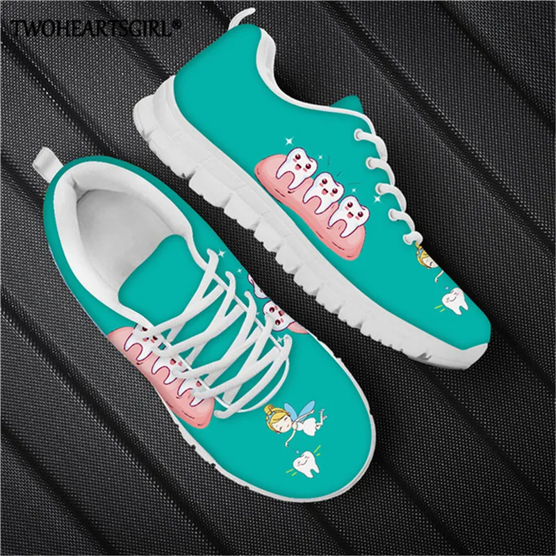 

Twoheartsgirl New Casual Lace Up Flats Sneakers Cute Cartoon Multicolor Dental/Tooth/Dentist Print Women Shoes Brand Footwear