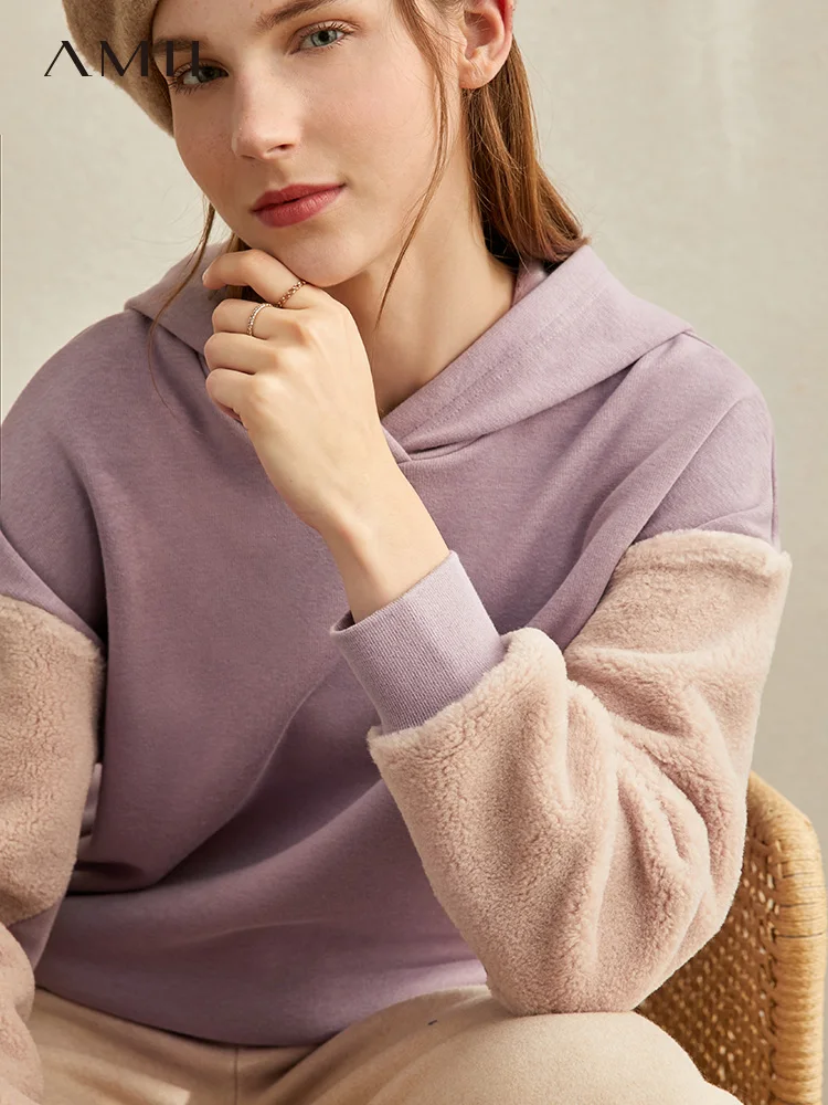 Amii минималистичные Лоскутные толстовки осень-зима женские свободные с капюшоном