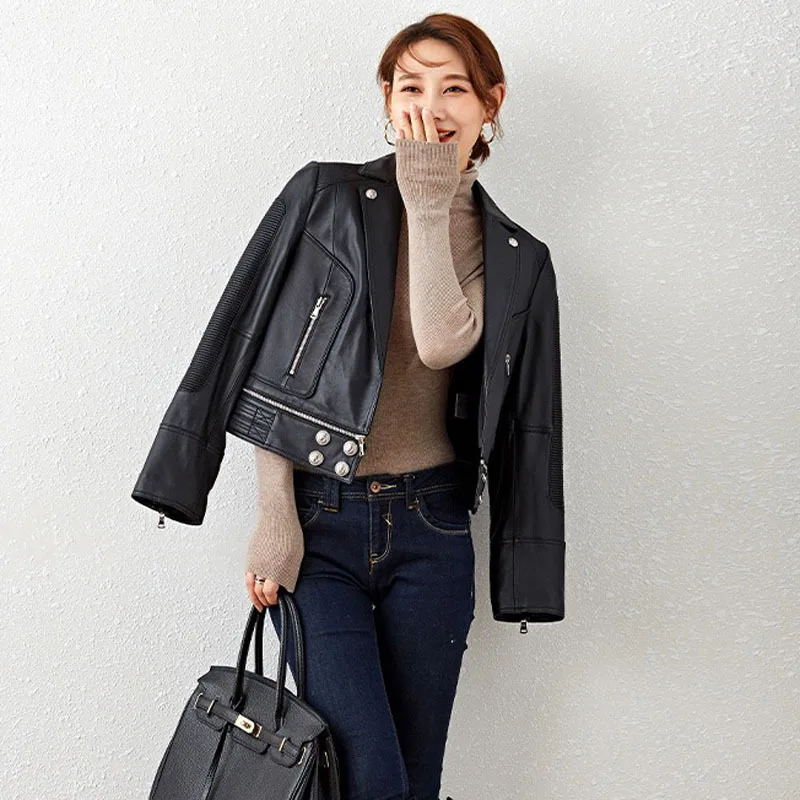 Abrigo de cuero de oveja auténtico para mujer, piel de oveja auténtica, chaqueta ajustada industrial pesada para motocicleta, ropa de moda