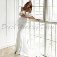 elegant off shoulder sexy mermaid wedding gown 2021 vintage short sleeve backless sweep train satin bridal for women custom made