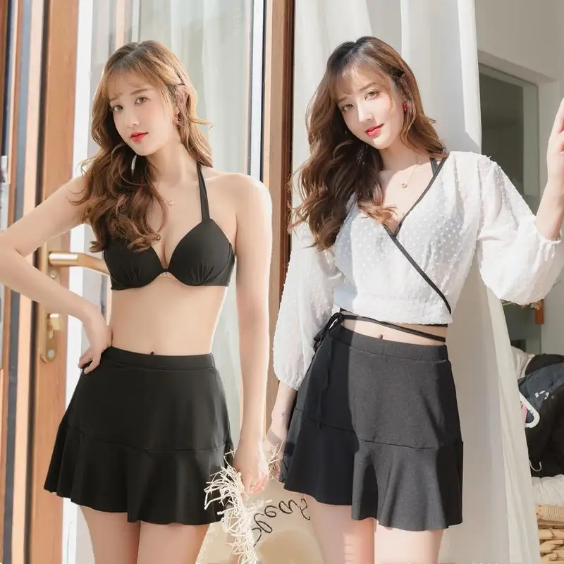 Summer Woman Sexy Bikini Swimsuit Korean Style Swimsuits 3 Piece Female Push Up Halter Bras+Skirt Shorts+Cover-Ups Bikinis Suits | Женская