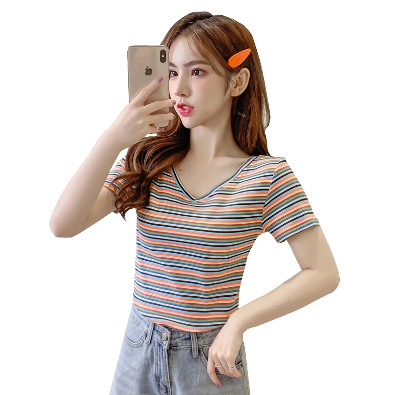 

T-shirt for Women 2021 New Small Summer Design Ins Trendy Short V-neck Sneaky Design Backless Striped Top