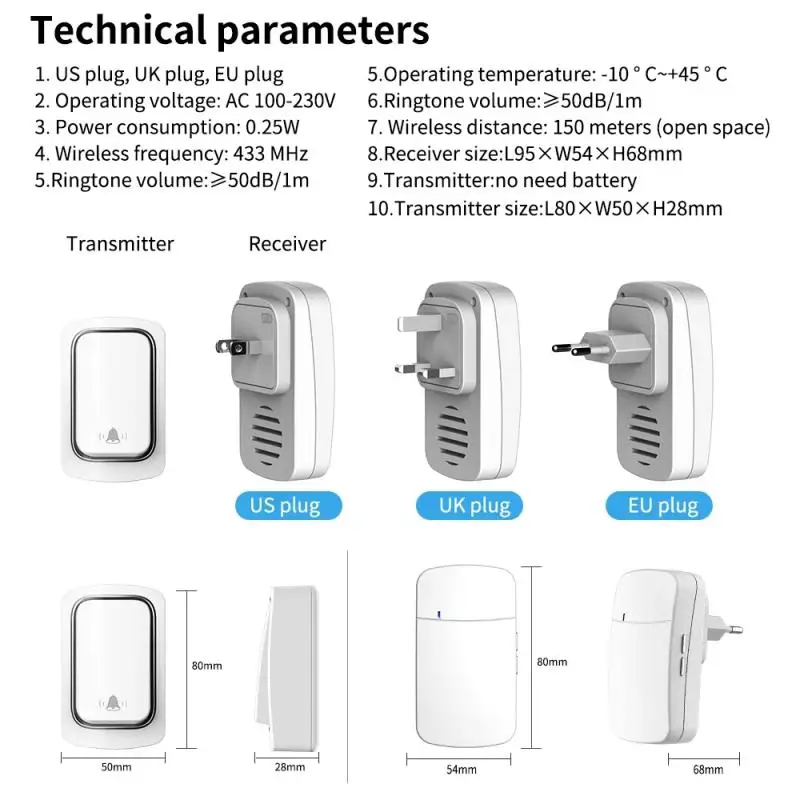 

Wireless Home Ultra-long-distance Smart Doorbell Free Battery Free Wiring IP68 Waterproof Outdoor Doorbell Receiver Transmitter