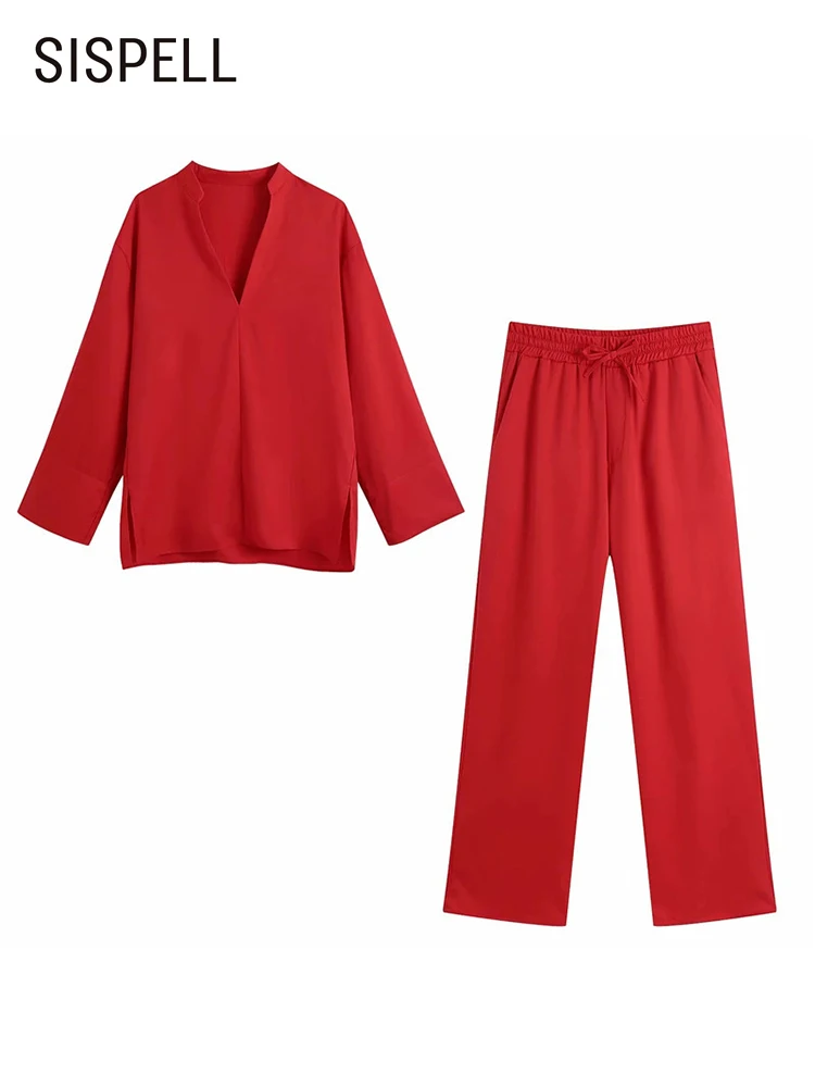 

Женский брючный костюм SISPELL, оранжевый повседневный комплект из двух предметов, топ с V-образным вырезом и длинным рукавом, брюки с эластичны...
