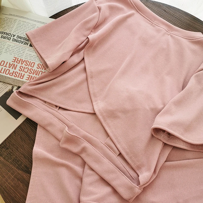 

Women Korean Loose Casual O Neck Short Sleeve Sets And Vintage High Waist Elastics Shorts Women Two Pieces Outfits Suits