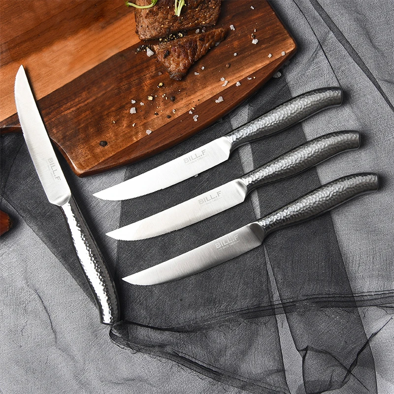 

4-10pcs Steak Knives Silver Dinner Knife Serrated Blade Table Knifes Stainless steel Silverware Hammered Handle Food Cutlery