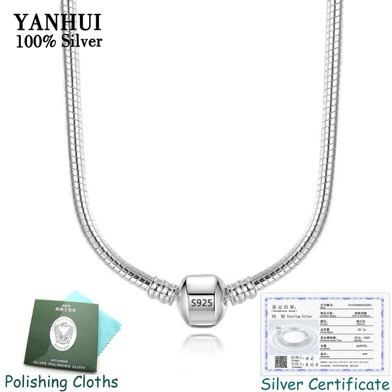 YANHUI, с сертификатом,, 925 Твердое Серебро, 3 мм., цепочка в виде змеи, ожерелье для женщин, подходит для шарма, подвеска, роскошные ювелирные изделия NS925