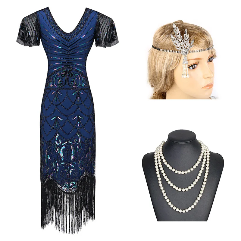 Blue Set -B 1920s Гэтсби блесток бахромой Пейсли Хлопушка платье с 20s аксессуары набор xs, s, l, m, xl, xxl - Цвет: Blue Set -B