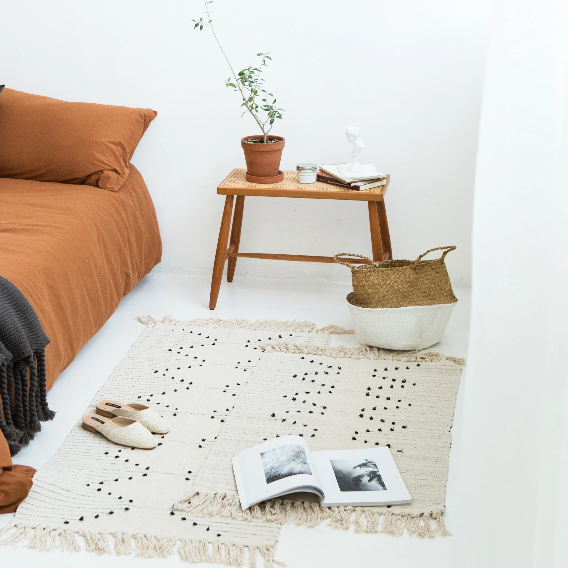 Двусторонний коврик ручной работы из 100% хлопка бежевая Геометрическая дорожка с