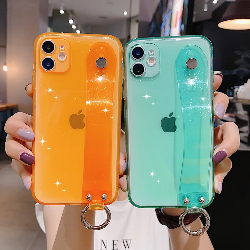 

Fluorescent Color Glitter Powder Wrist Strap Phone Case For iPhone 11 Pro Max 12 Mini X XR XS 7 8 Plus SE 2020 Transparent Cover