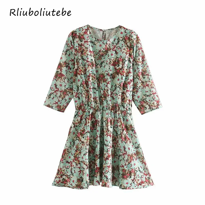 elegant short party dress streetwear casual a line pleated vintage floral dress female o-neck autumn mini dress vestidos
