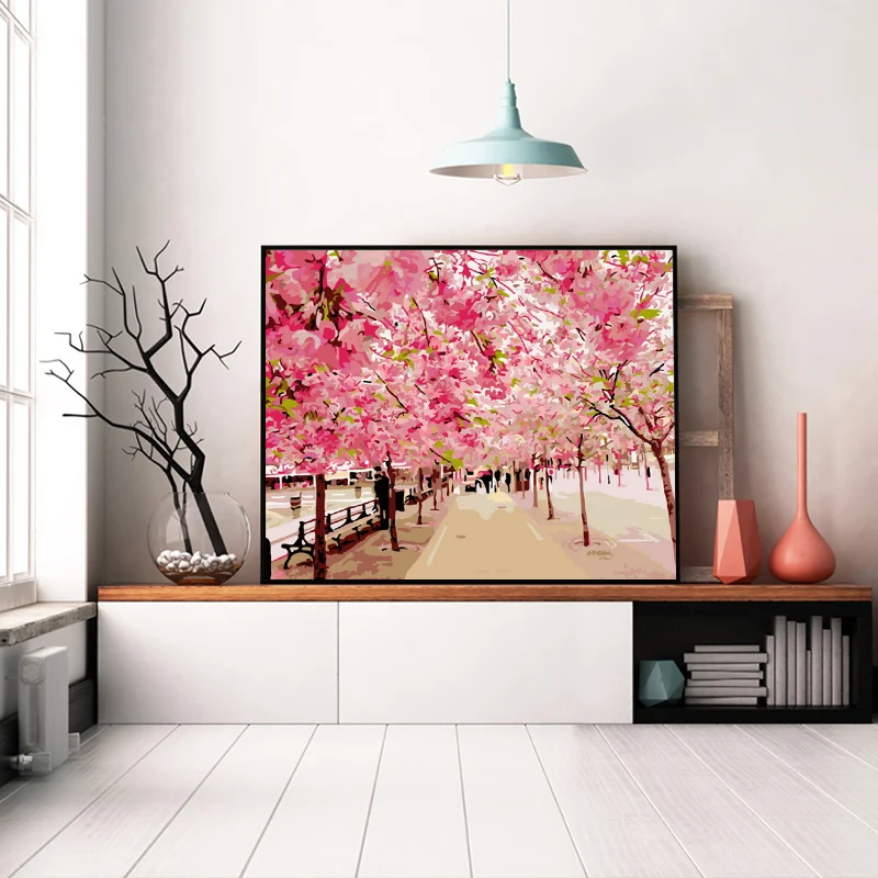 Картина с розовым цветком по номерам уличные леса Риверсайд весенние пейзажи