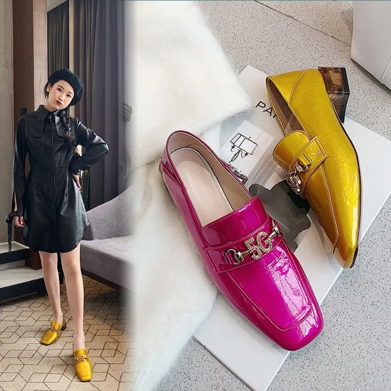 

Hot Sale Womens Low Heel Patent Leather 5G Rhinestones Decor Loafer Square Toe Casual Shoes New Slip on OL Career Fashion 2Color