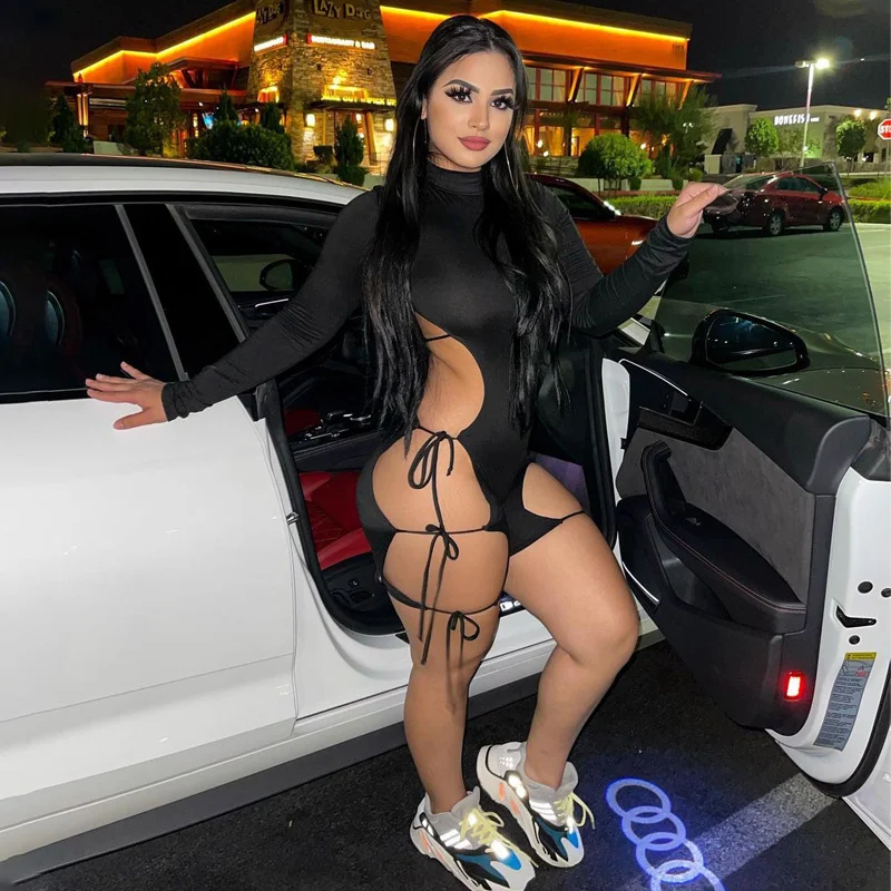 

Zoctuo Playsuit For Women Sexy Lace Up Hollow Out Long Sleeve Playsuit Skinny Sexy Streetwear Club Sportswear Combishort