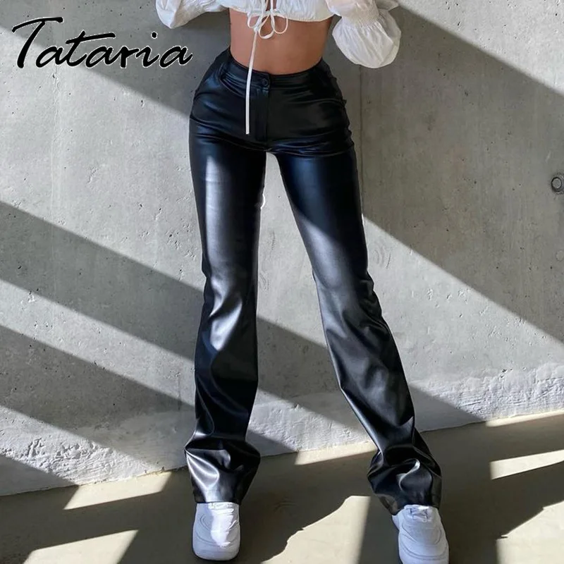 

Black PU Leather Trousers High Waist Flared Pants Women Autumn Sexy Badycon Skinny Faux Leather Stacked Pants Mujer Pantalones