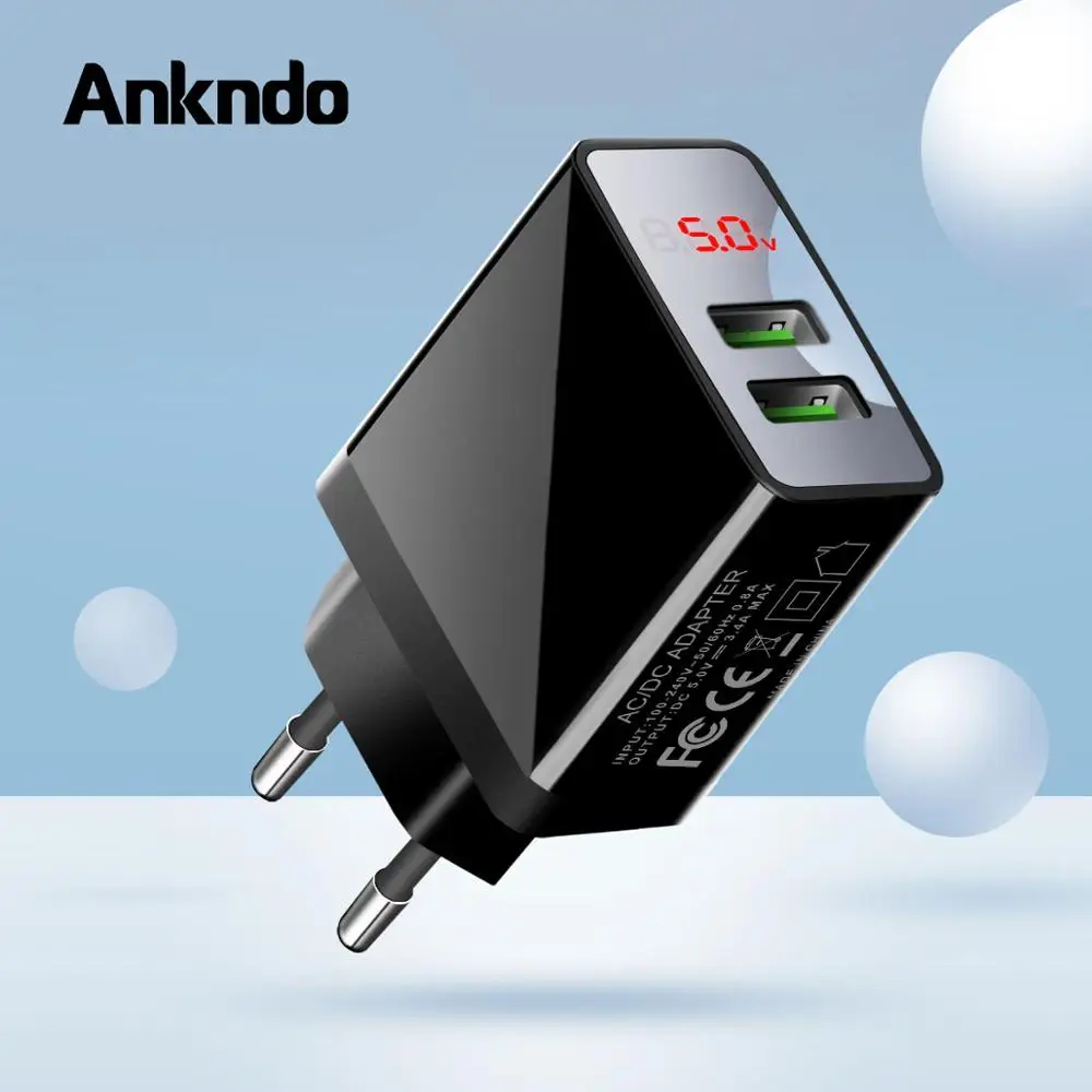 Ankndo 2 порта USB зарядное устройство адаптер Быстрая зарядка светодиодный дисплей зарядное устройство для телефона Быстрая зарядка ЕС вилка настенное зарядное устройство для Xiaomi huawei