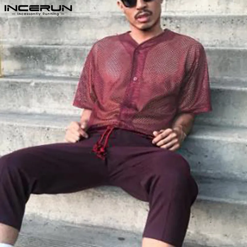 

Мужская однотонная сетчатая рубашка INCERUN, с коротким рукавом, V-образным вырезом, прозрачная блузка, лето 2021, повседневные тонкие рубашки, му...