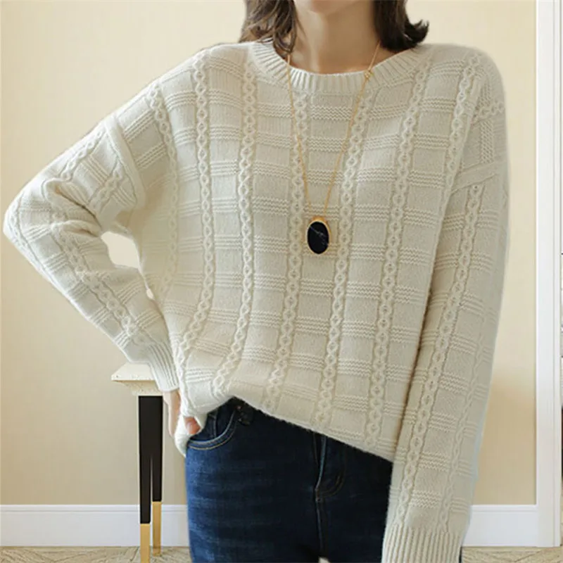 

Women's cashmere sweater 2019 loose casual pullover knitwear solid color O collar Tops large size bottoming Round neck sweater
