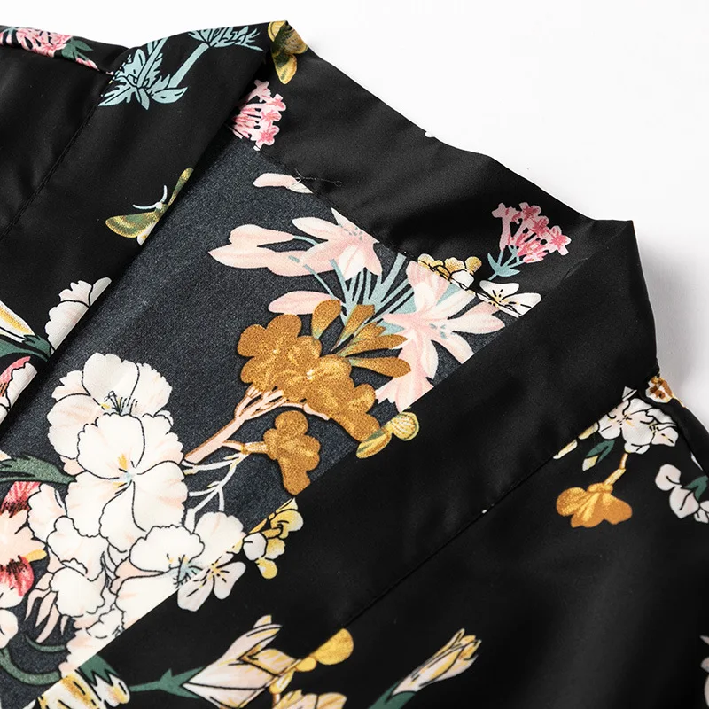 

Black Floral Robe Women Satin Kimono Gown Summer Silky Thin Bathrobe Gown Female Loose Intimate Lingerie Casual Home Wear