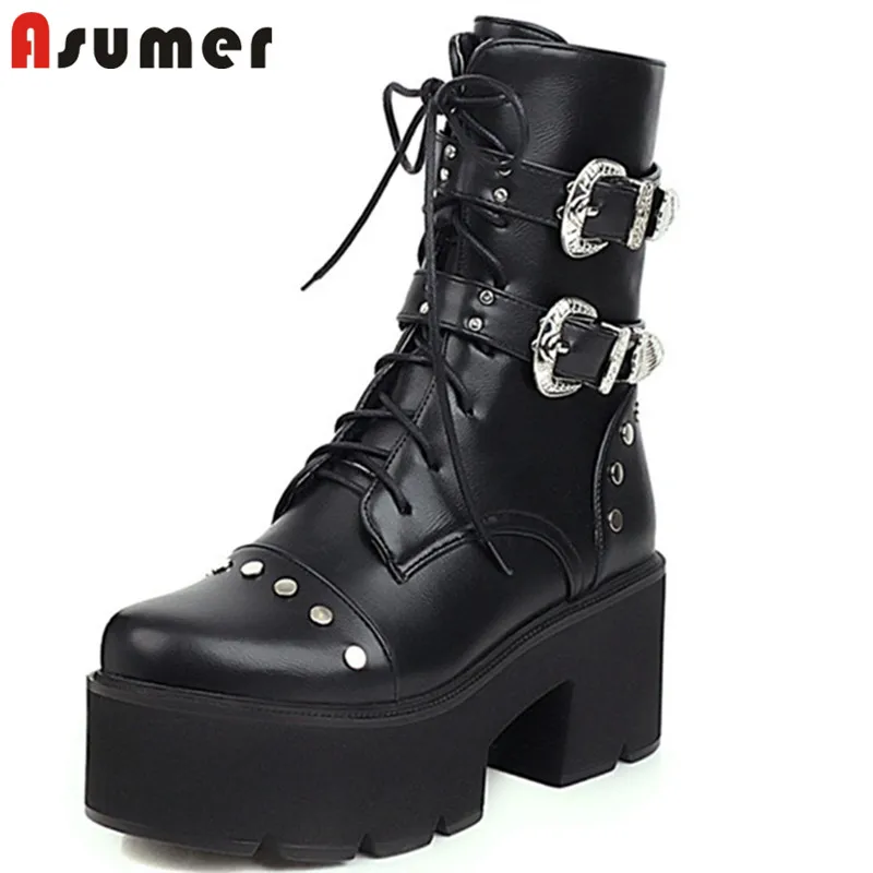 

ASUMER 2021 new fashion thick heel platform boots women punk shoes round toe buckle rivet cool autumn winter ankle boots woman