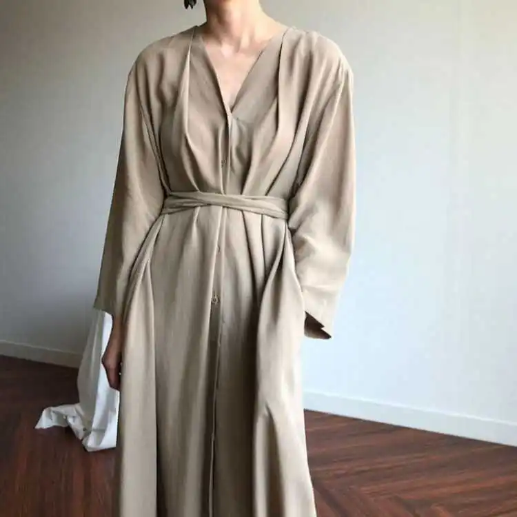 

New 2021 Women Spring Summer Dresses Lace Up Casual s Fashionable V-neck Vintage Oversize Long Dress DR1150