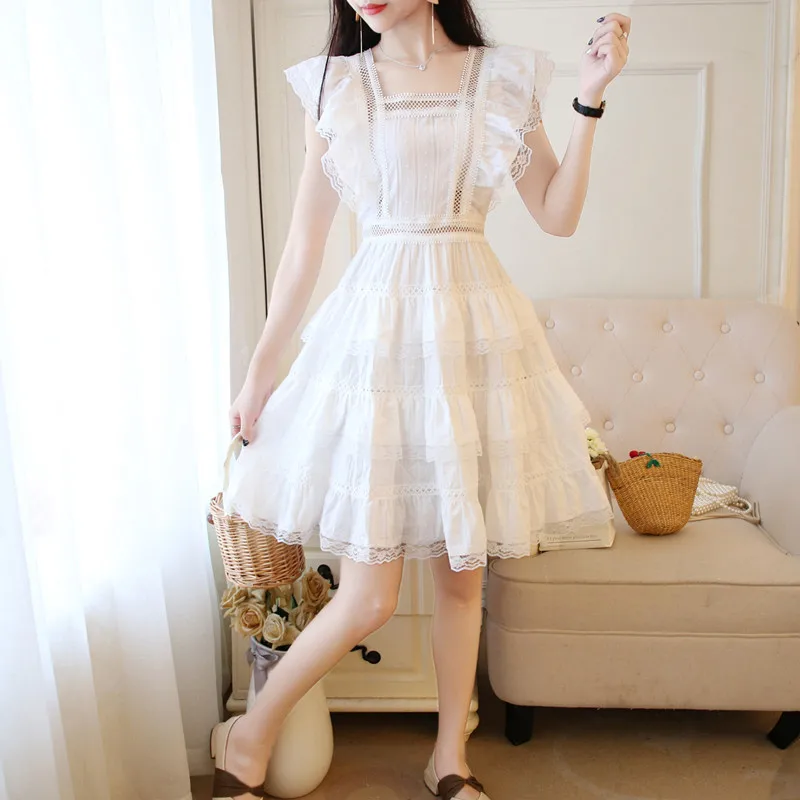 Милое ажурное кружевное шифоновое платье 2019 Лето Для женщин без рукавов с