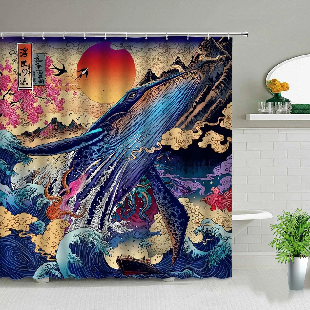

Waterproof Shower Curtain Japanese Ukiyoe Whale Printed Pattern Home Bathroom Decor Polyester Fabric Bath Curtains With Hooks