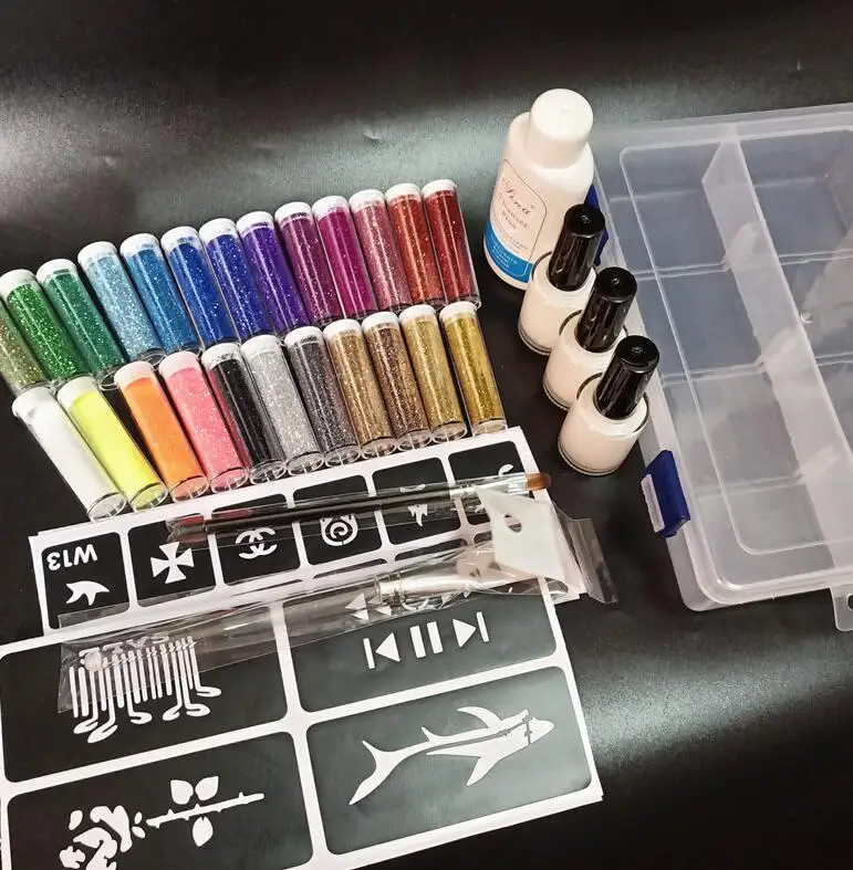 24 Colors Kit(7ml) 45 цветов блестящая пудра 6 наклеек 2 кисти 5 полых шаблонов набор для Временной Татуировки Дети лицо тело Diy ногтей Живопись Искусство инструмент - Цвет: 24 Colors Kit(7ml)
