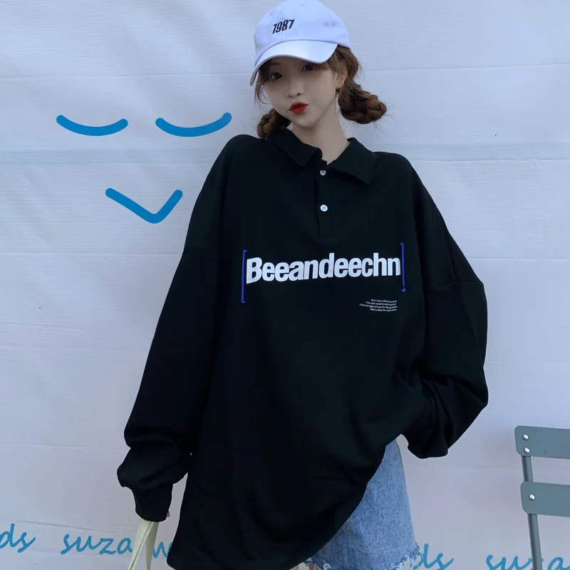 Стильная оригинальная рубашка-поло женская футболка с длинным рукавом весна и