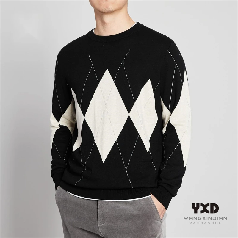 

Brand Men Clothes 2021 Winter Thick Diamond Check Sweaters Man Quality Daily Casual Cotton England Style Pullovers Mens Knitwear