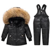 olekid 2021 winter children clothing set real fur down jacket for girl boy parka overalls snowsuit 1 5 years kids outerwear coat