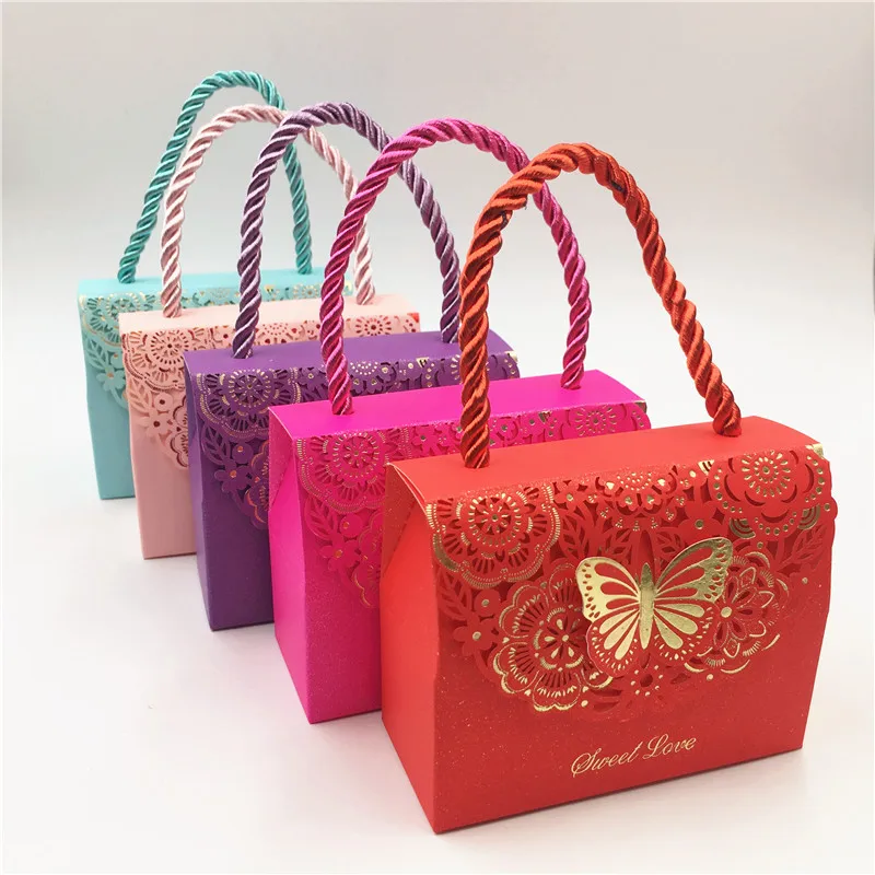 10pcs/24pcs/50pcs Green/Purple/Pink Paper Packing Shopping Bag Small Exquisite Gift Candy Wrapping Box Wedding Favor Supplies