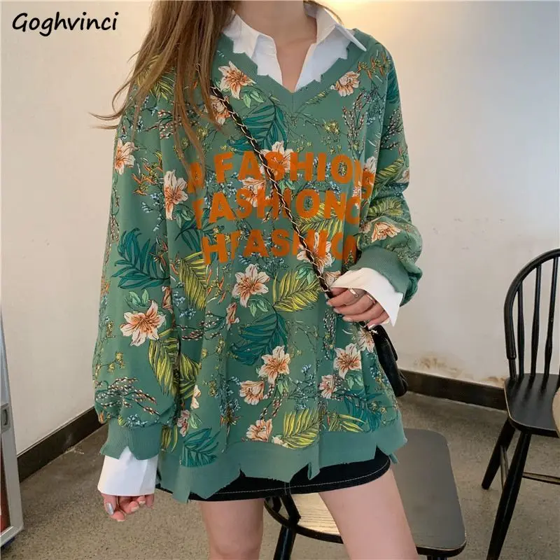 

No Hat Hoodies Women Ins Holes V-neck Floral Printed Designer Sweatshirts Womens Loose Leisure Fashion Chic Tops Harajuku Casual