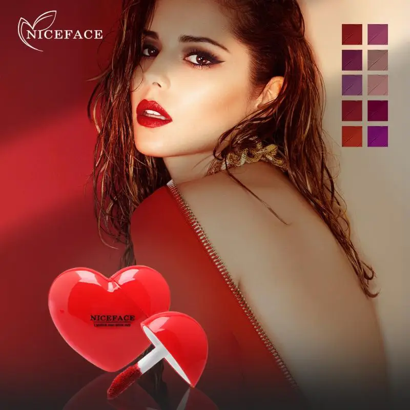Creative Heart Shape Sexy Lip Gloss Matte Fog Surface Lipstick Long Lasting Waterproof Non-stick Cup Women Makeup Cosmetic TSLM1 | Красота и
