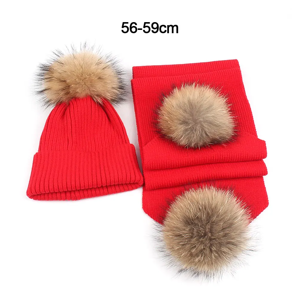 

2019 Winter Parent-child Knitted Scarf Hat Set Cap Kids Warm Beanie Hat with Double Fur Pompom Ball for Baby Photography Props