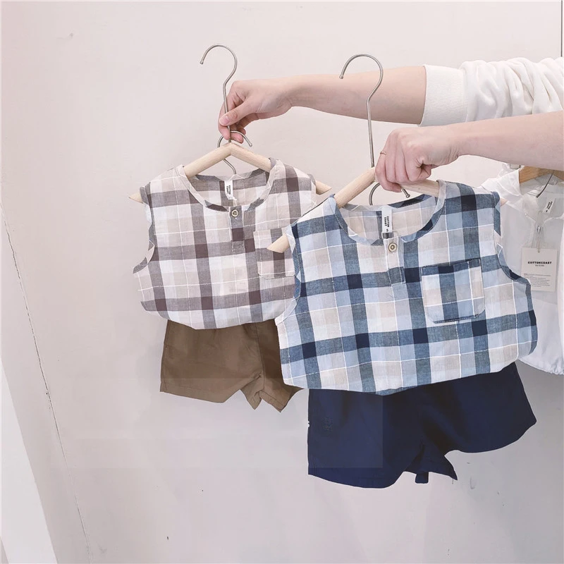

MILANCEL 2021 Summer New Kids Clothes Plaid Boys Suit Sleeveless Girls 2Pcs Sets Korean Casual Children Clothing