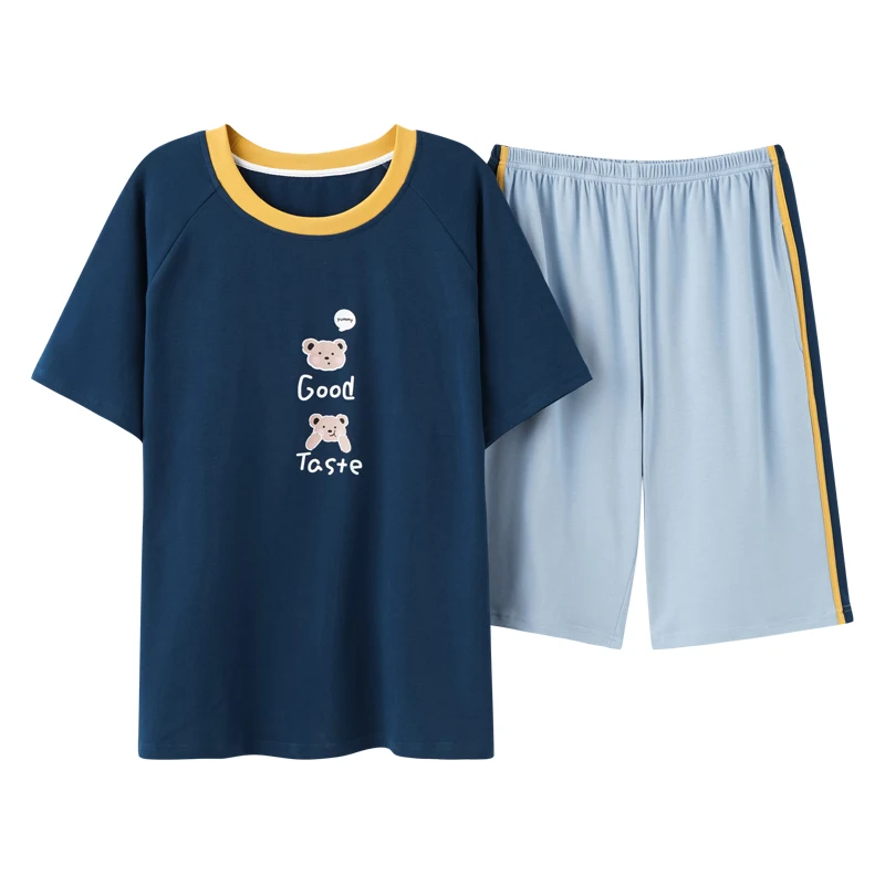 

Summer Pajamas For Couples Lovers Cartoon Little Bears Print Short Sleeve Women Sleepwear Fashion Blue Patchwork Cotton Homewear