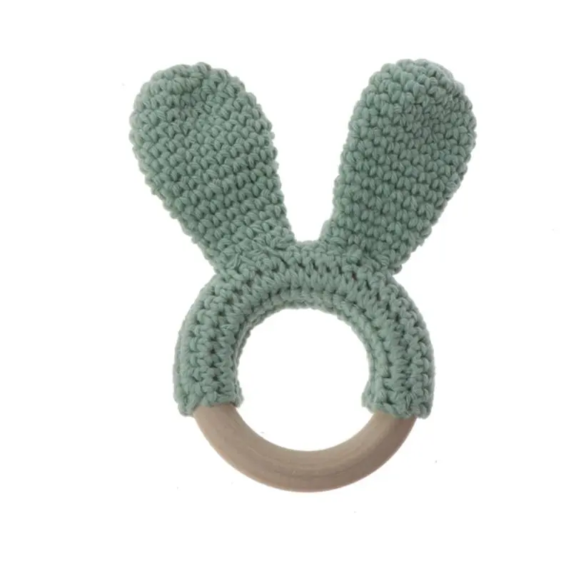 

2021 New Baby Teether Bunny Ear Crochet Wooden Ring Safe Organic Wood Teething Rattle Toy